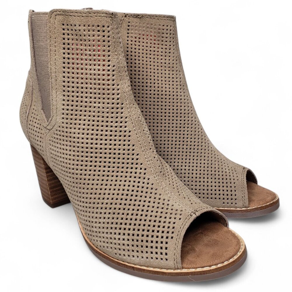 Toms‎ Majorca Women’s Tan Perforated Suede Peep Toe Chunky Heel Booties Posh 7.5